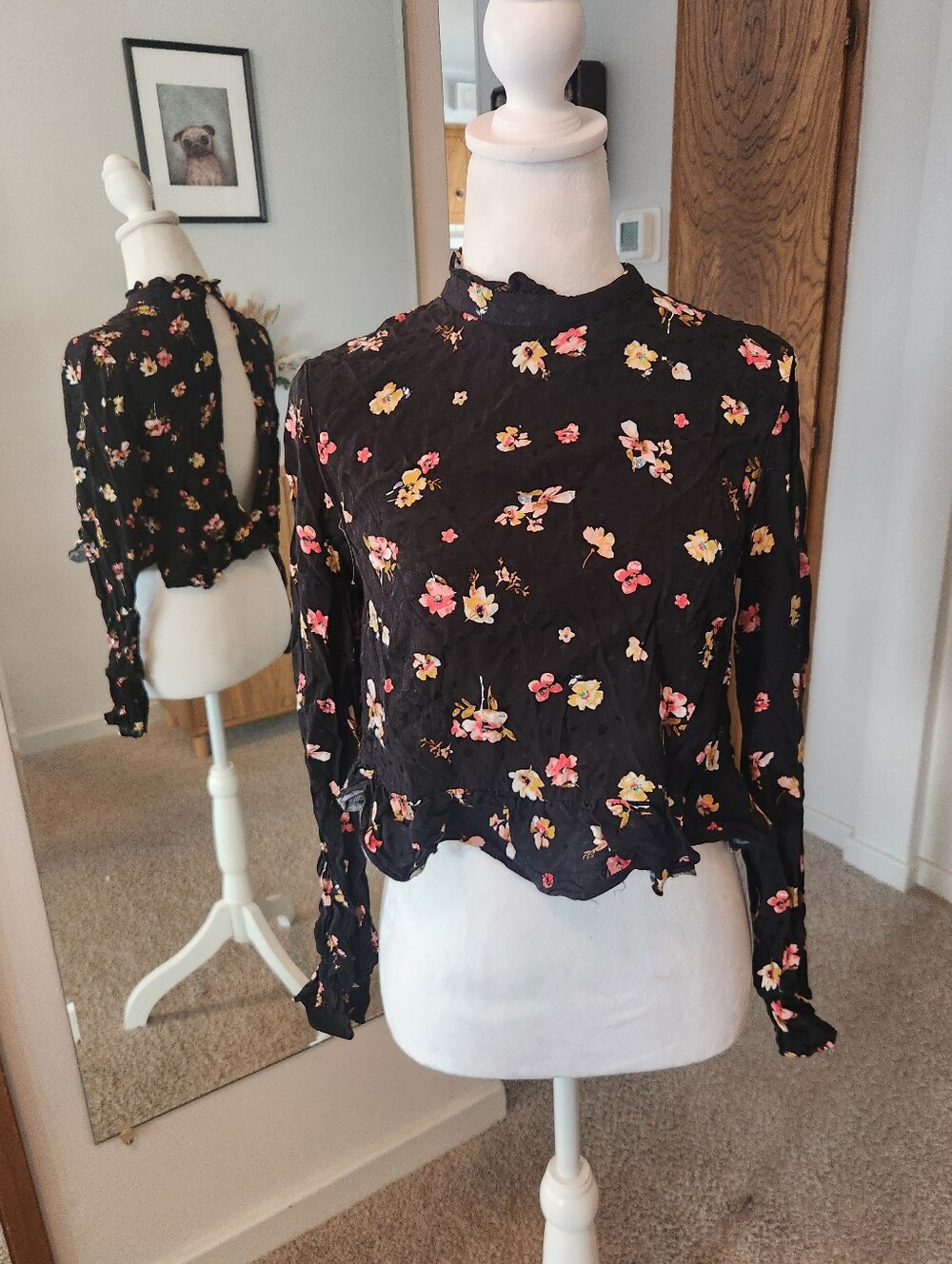 (2 For $30) Topshop Black Floral Ruffled Blouse with Mandarin Collar